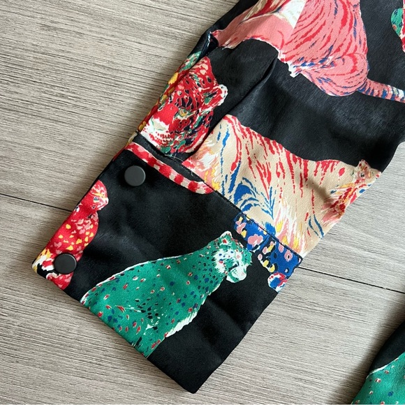 Zara Basic Black Satin Colorful Tiger Leopard Print 3/4 Sleeve Mini Dress Size M - Picture 3 of 7